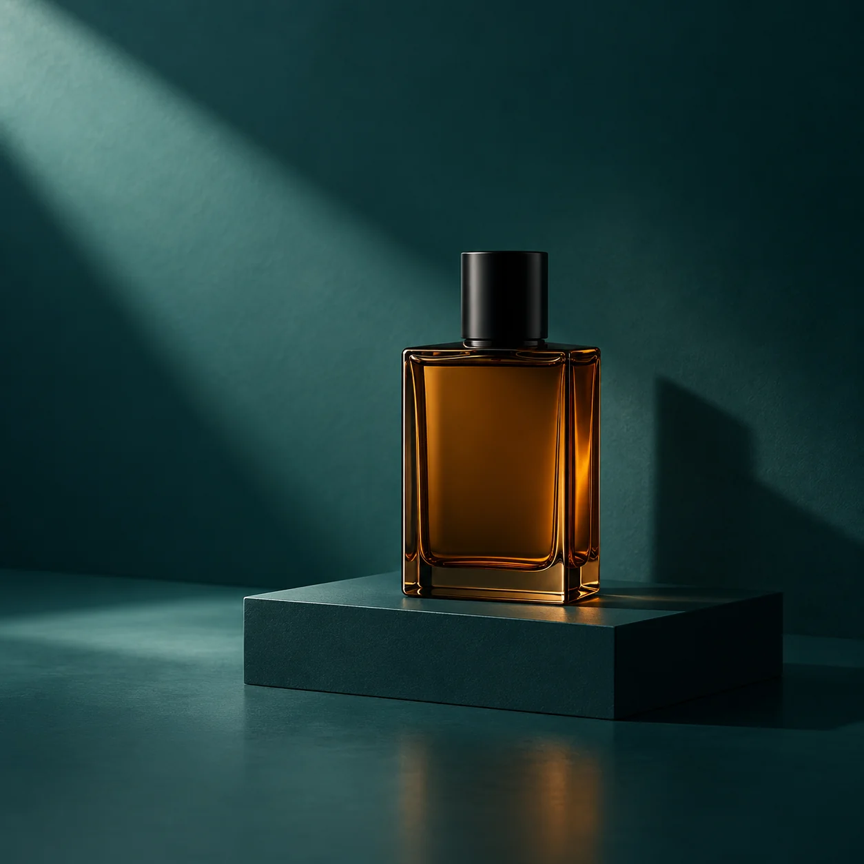 Amber perfume bottle in a deep teal studio with diagonal light
