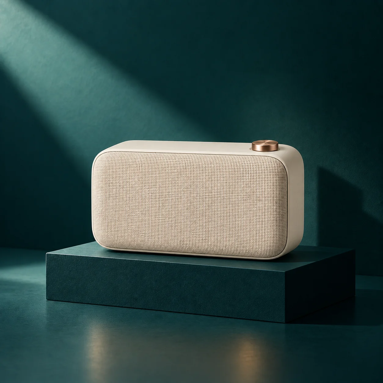 The same ivory speaker in the teal reference setting