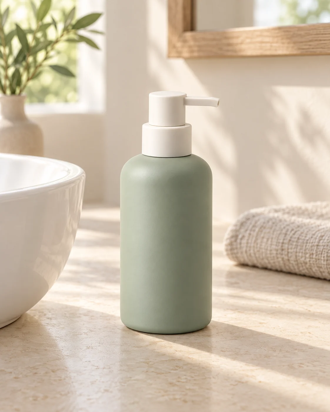 The same sage soap bottle beside a bathroom sink and linen towel