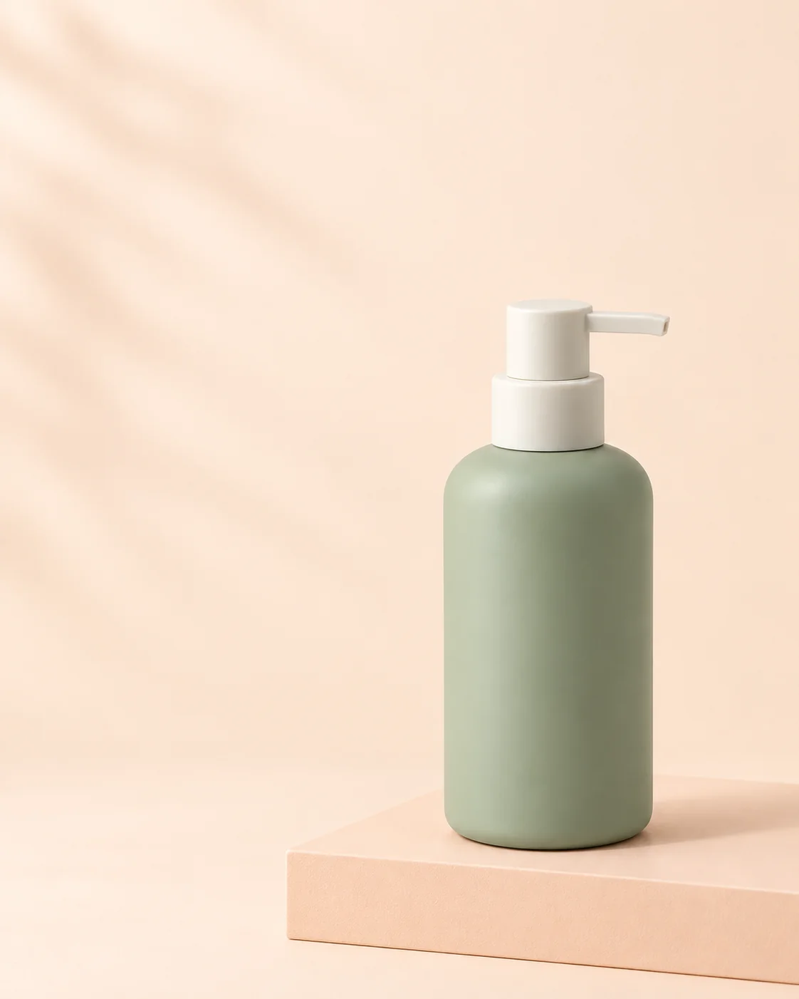 The same sage soap bottle on an apricot platform with room for a headline