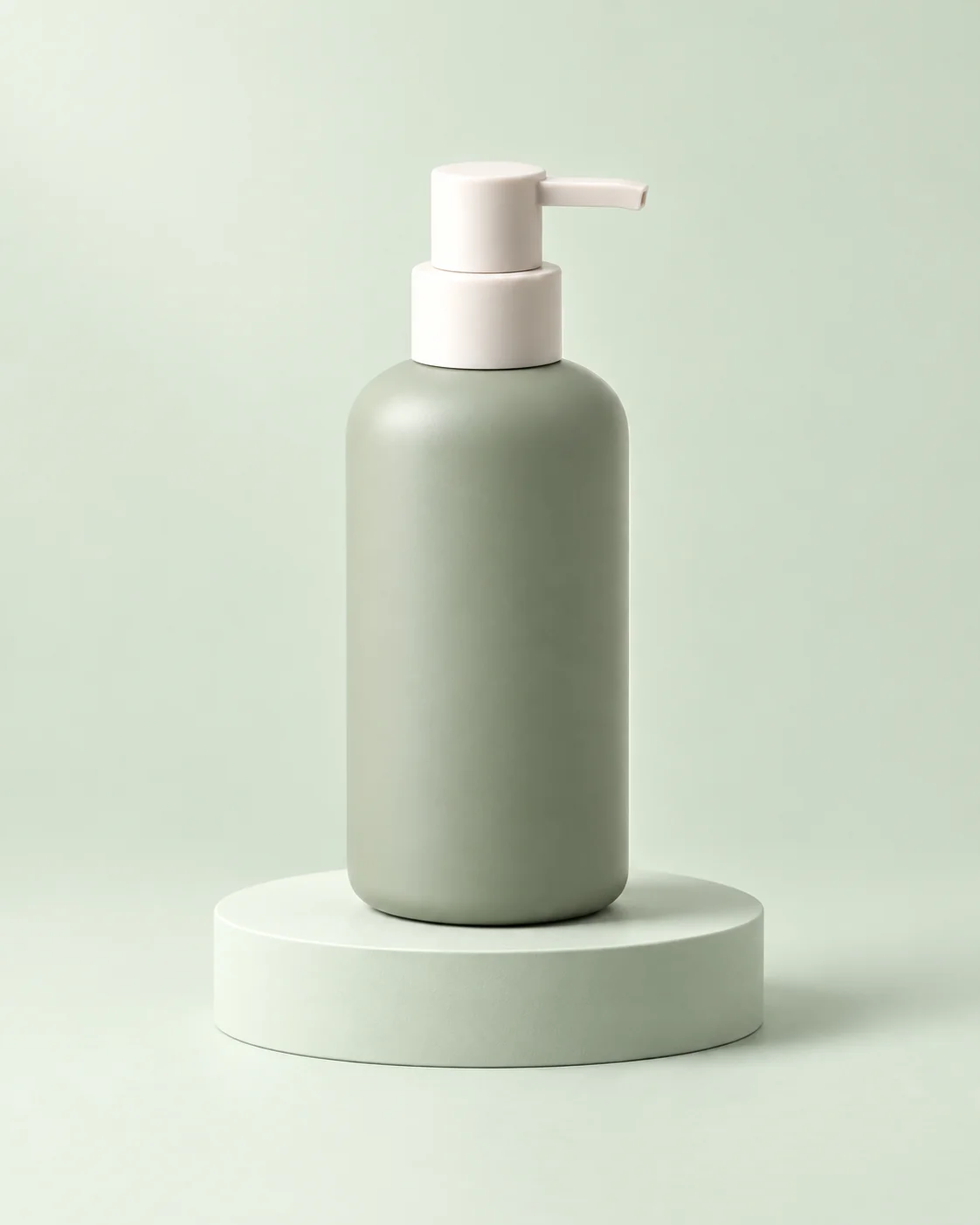 Sage soap bottle with an ivory pump on a mint studio pedestal