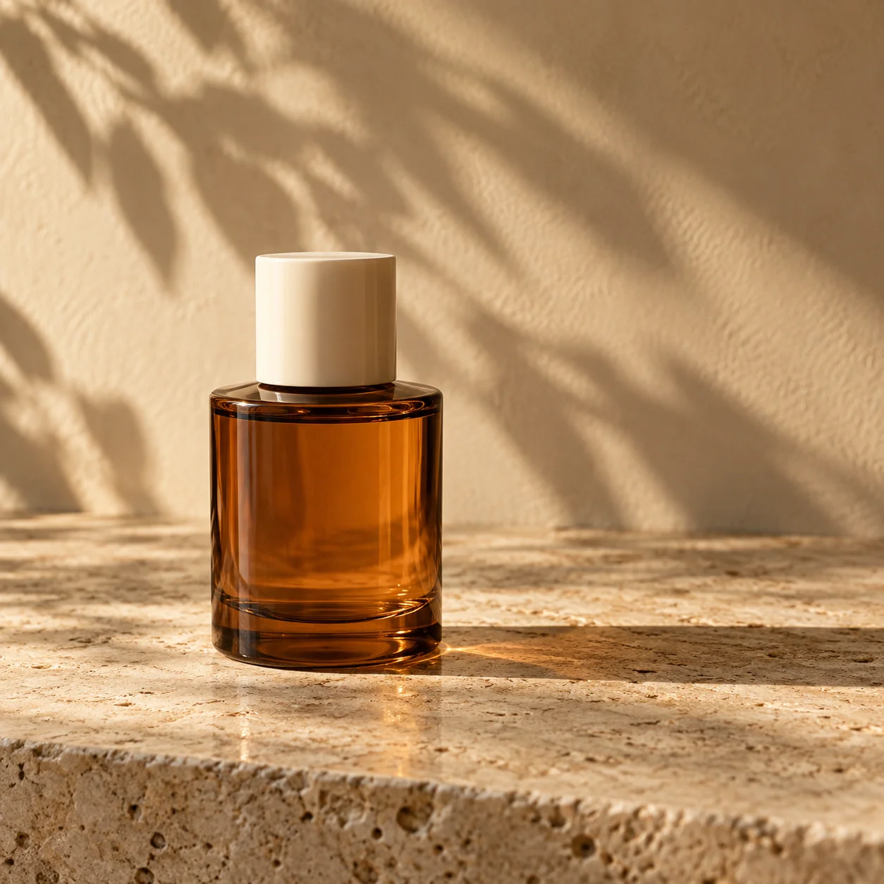 Amber perfume bottle on travertine with warm leaf shadows