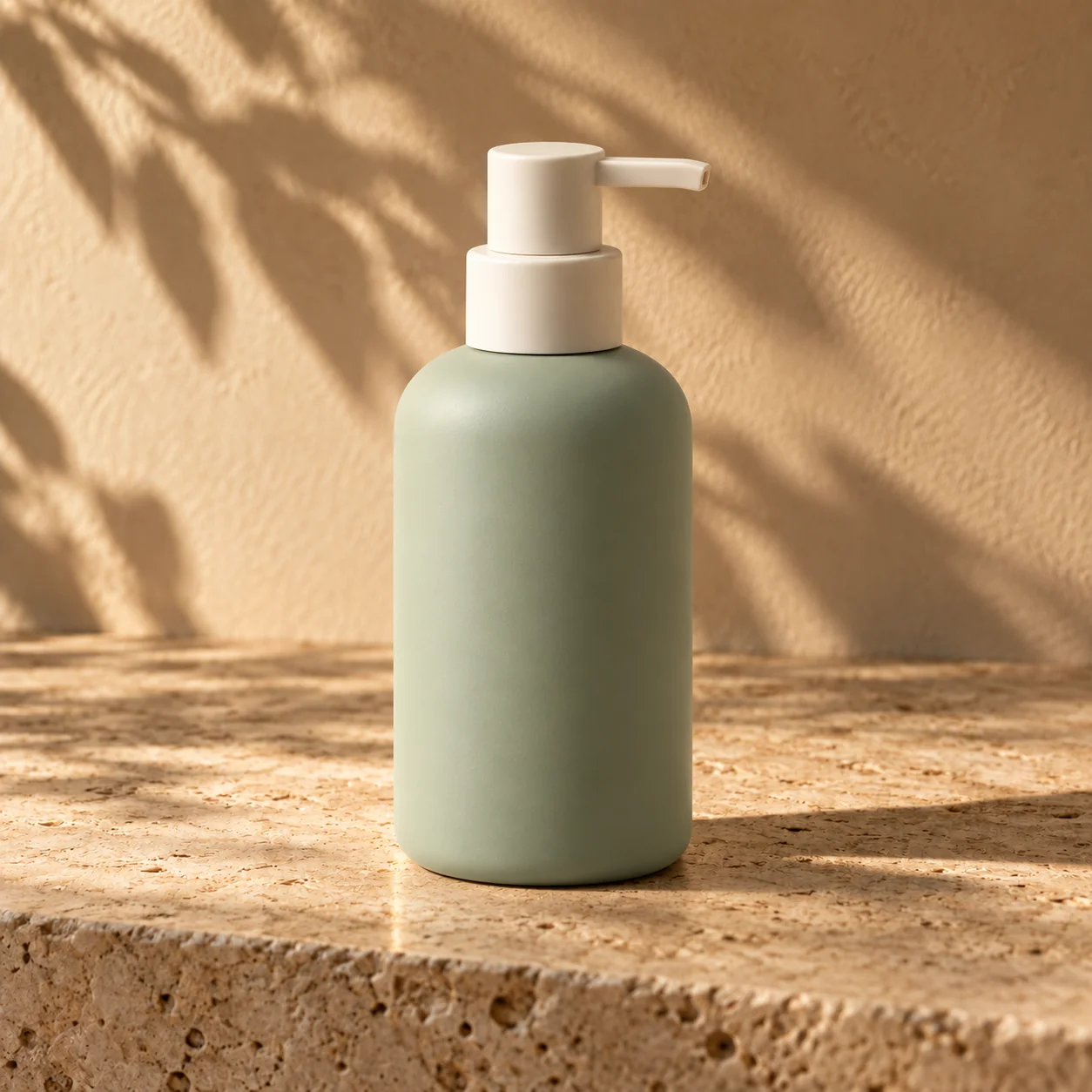The same sage soap bottle on travertine in warm botanical light