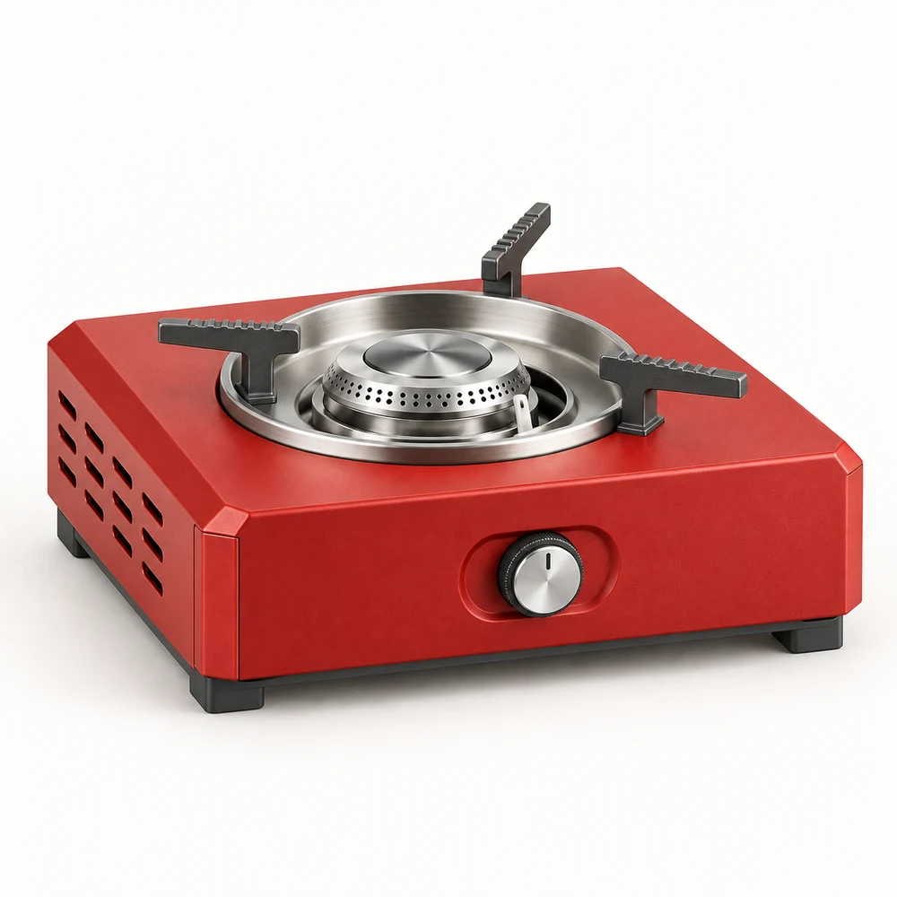 Red camping stove with a silver burner tray and three pot supports on a neutral background